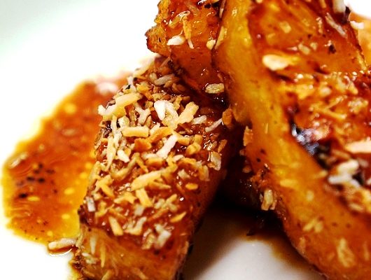 Pineapple Desserts – Caramelised Pineapple with Rum Sauce and Toasted Coconut