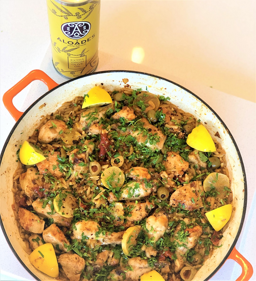 Orzo Lemon Chicken Tray Bake – Aloades Olive Oil
