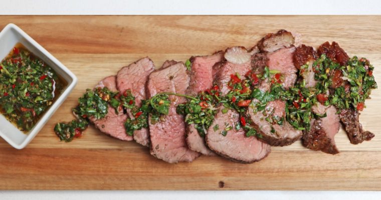 BBQ Rumpsteak with Chimichurri Sauce (churrasco style cooked on rotisserie BBQ)